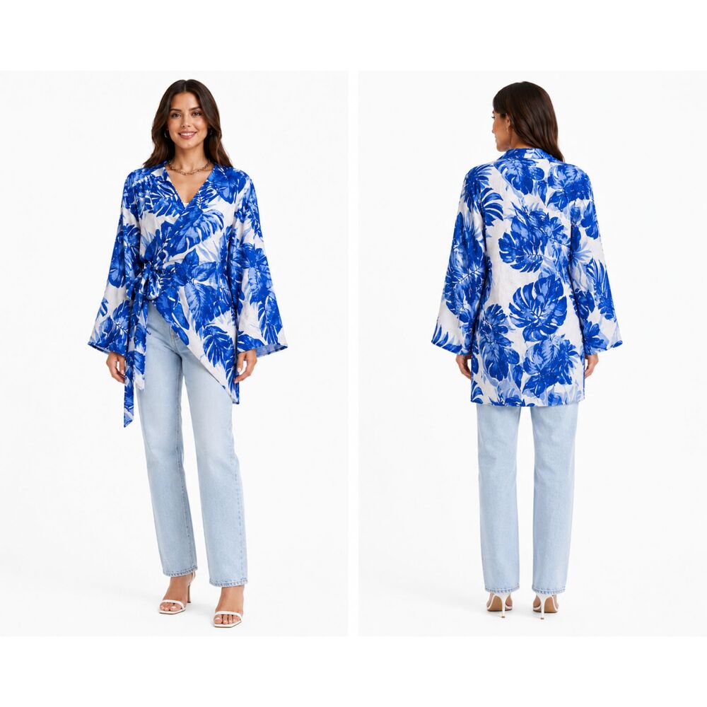 New GIGIO M 8 10 Blue White Tropical Leaves Collared Wrap Long Tunic Top Cruise